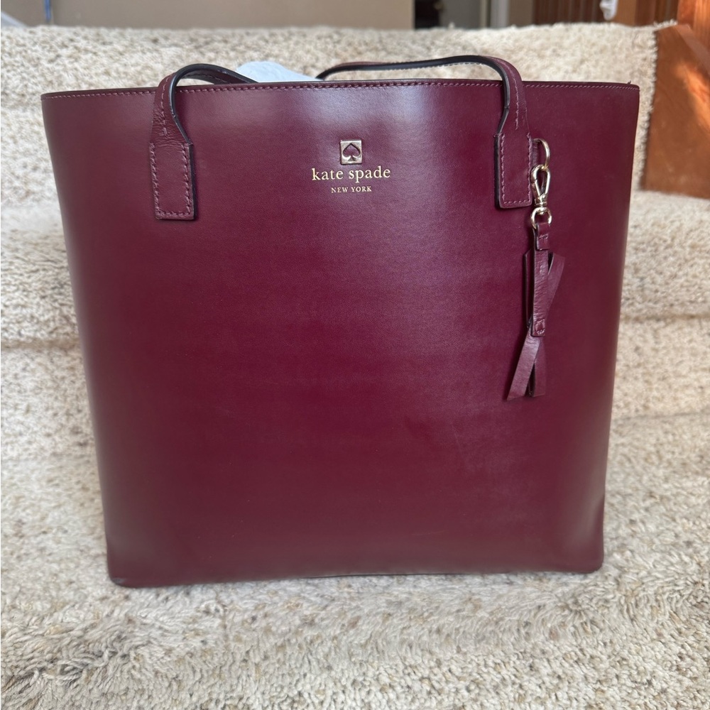 Kate Spade New York Burgundy Leather Tote Bag Large Structured Shoulder Bag